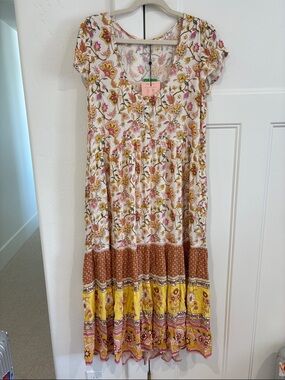 Spell & The Gypsy Collective Floral Midi Dress in Cream, Pink & Yellow